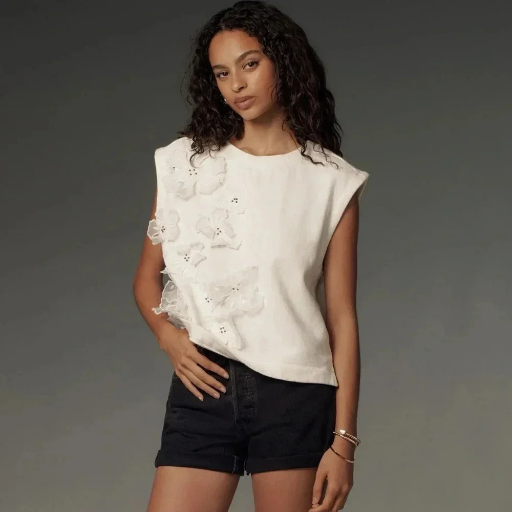 NWT new Anthropologie floral appliqué knit top XS white ivory sleeveless tank